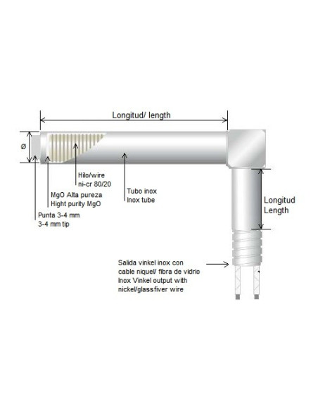 RESISTENCIA ACODADA ZAMAK Ø 16 X 100 MM 630W 230V T9 SALIDA CABLE 1500 MM CON PROTECCION TUBO VINKEL