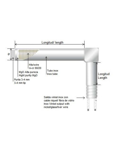 RESISTENCIA ACODADA ZAMAK Ø 16X100MM 315W 230V T9 SALIDA CABLE 1500MM CON PROTECCION TUBO VINKEL CON TERMOPAR "K"