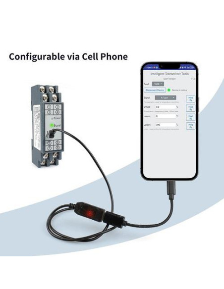 CONVERTIDOR RAIL DIN NO AISLADO ENTRADA PT100 RANGO-50+100ºC SALIDA 4-20 MA PROGRAMABLE VIA PC Y SMARTPHONE ANDROID